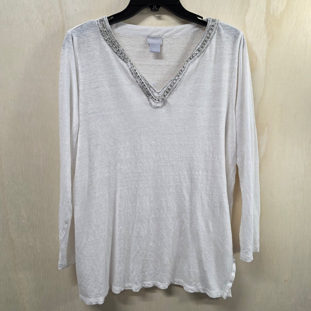 Chico's White 100% Linen Beaded V-Neck Long Sleeve Top Size 2 Large L
